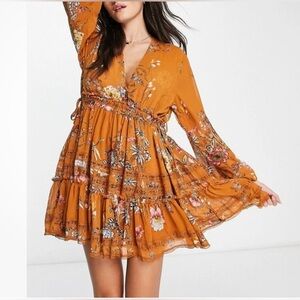 Free People Rust Cherry Blossom Chiffon Tiered Mini Dress XS Long sleeves NEW